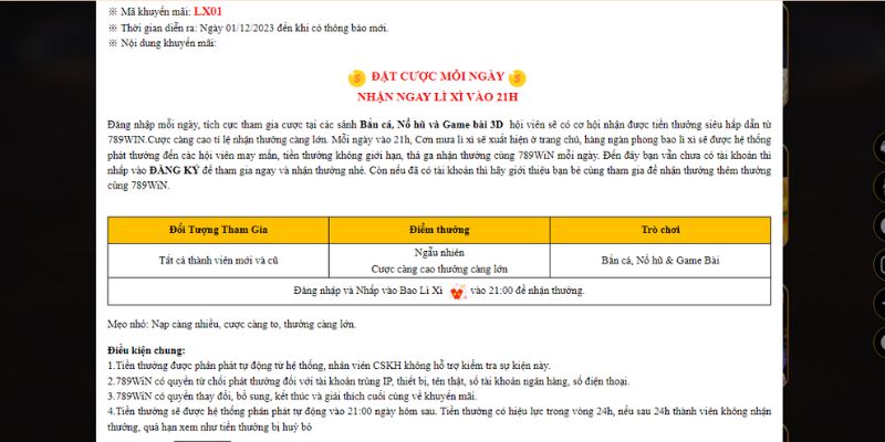 Lì Xì Mỗi Ngày - Sự Kiện Ưu Đãi 789WIN Hot Nhất Hiện Nay 2 Các điều kiện cụ thể liên quan đến chương trình quà tặng